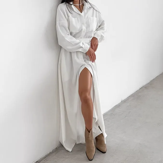 Women's French Collar Slim Shirt Dress - Elegant White Fitted Dress for Everyday Wear