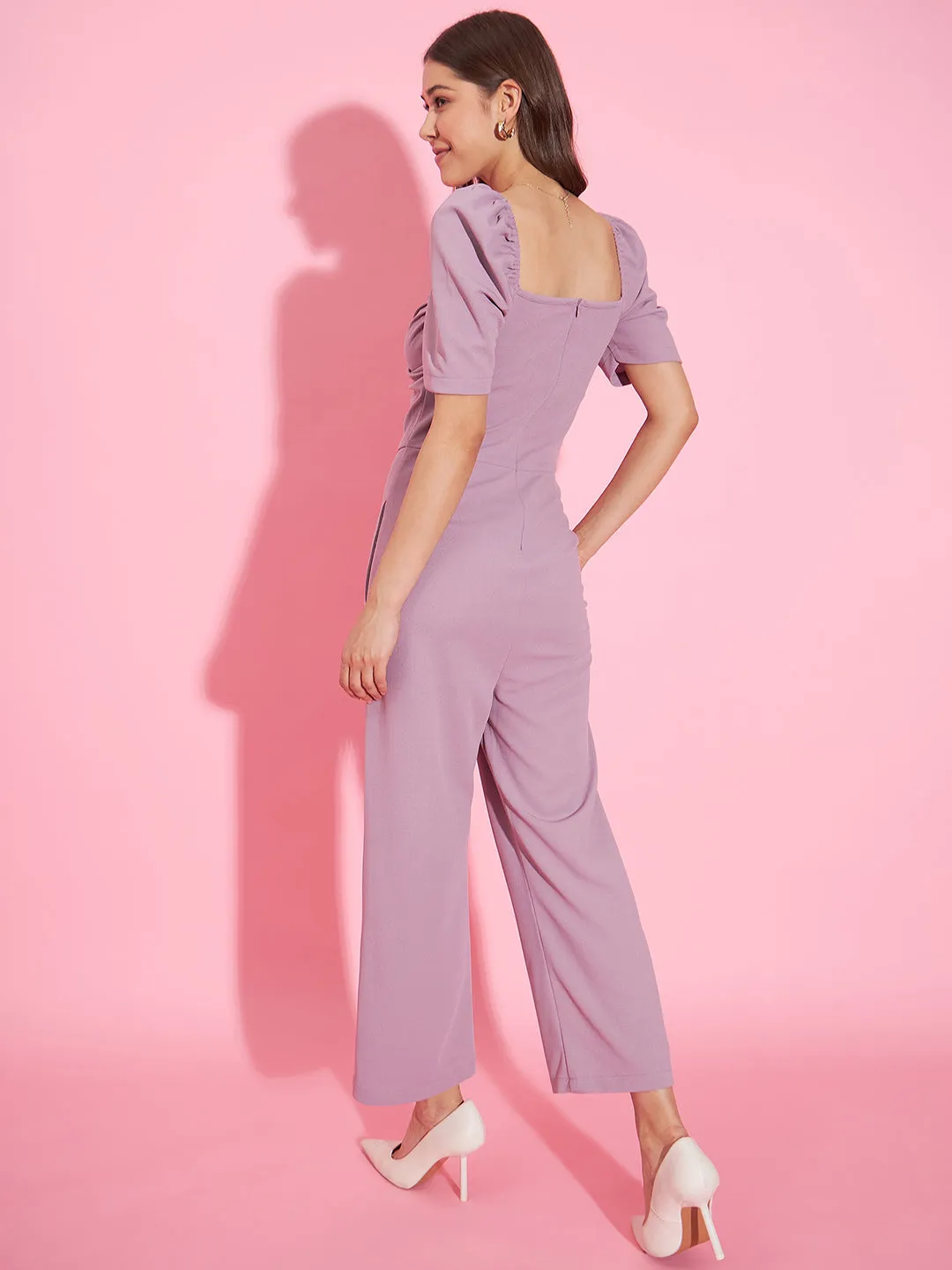 Women's Front Pleat Lavender Polyester Lycra Jumpsuit - StyleStone