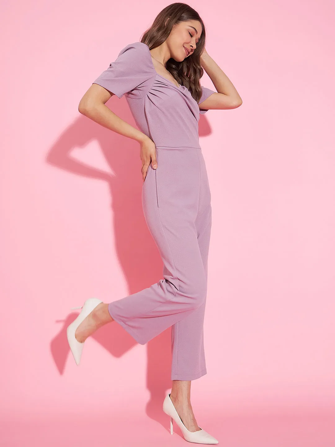 Women's Front Pleat Lavender Polyester Lycra Jumpsuit - StyleStone