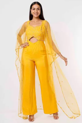 Yellow Embroidered Silk Jumpsuit