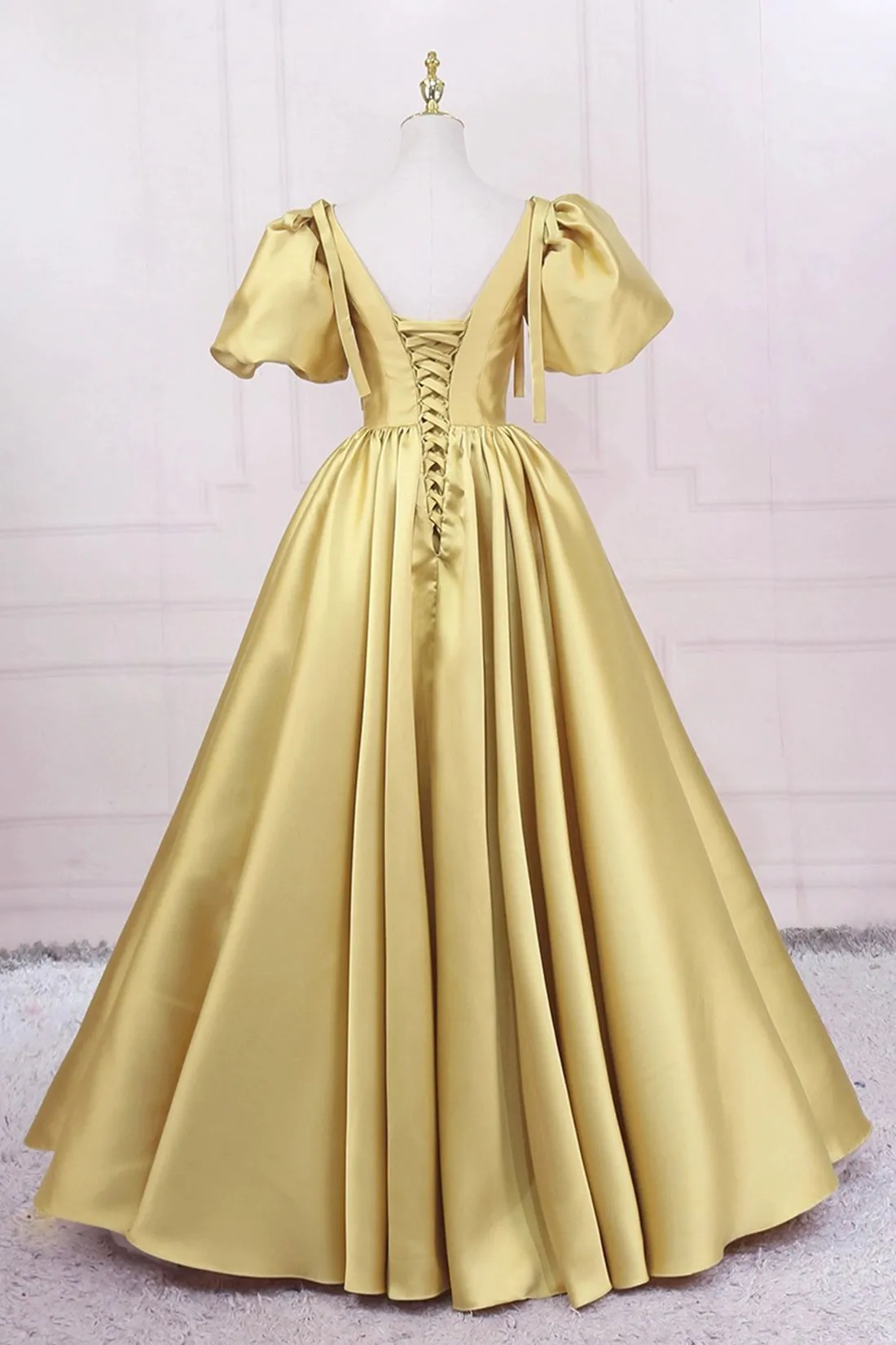 Yellow V-Neck Satin Long Prom Dress, A-Line Puff Sleeves Evening Party Dress